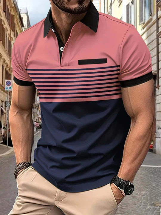 Mens Polo Shirt Cotton Stripe Summer Fit