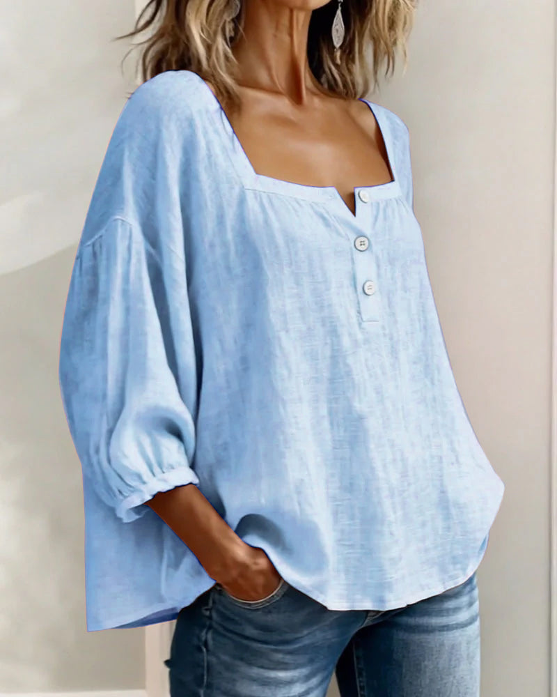 Womens Blouse Square Neck Puff Sleeve Button Front