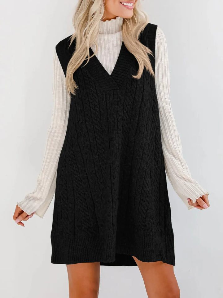 Womens Sweater Dress Cable Knit V-Neck Comfortable Fit