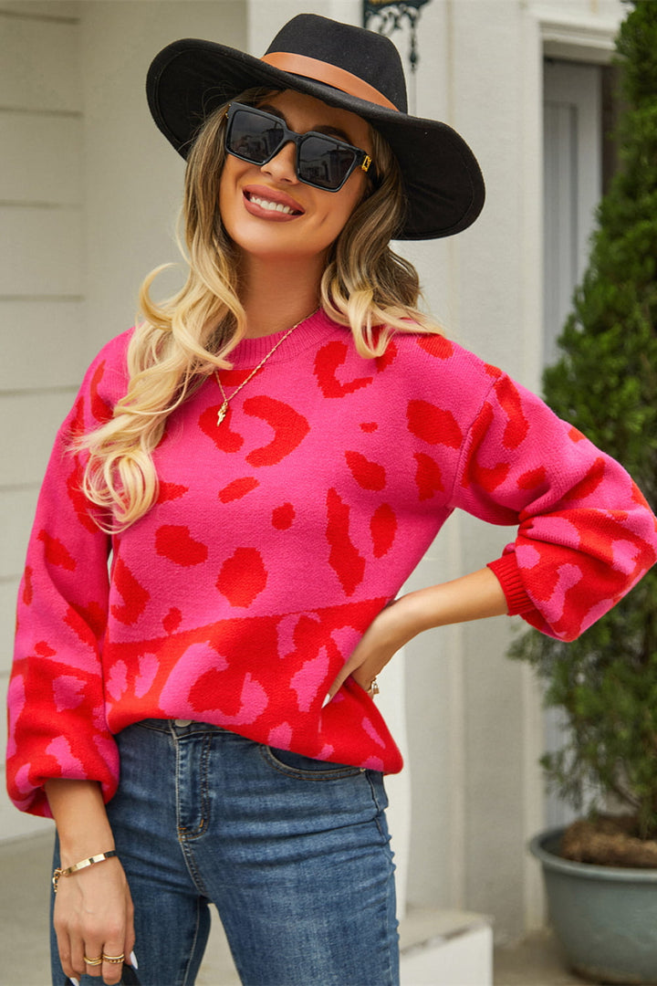 Womens Knit Sweater Crew Neck Animal Print