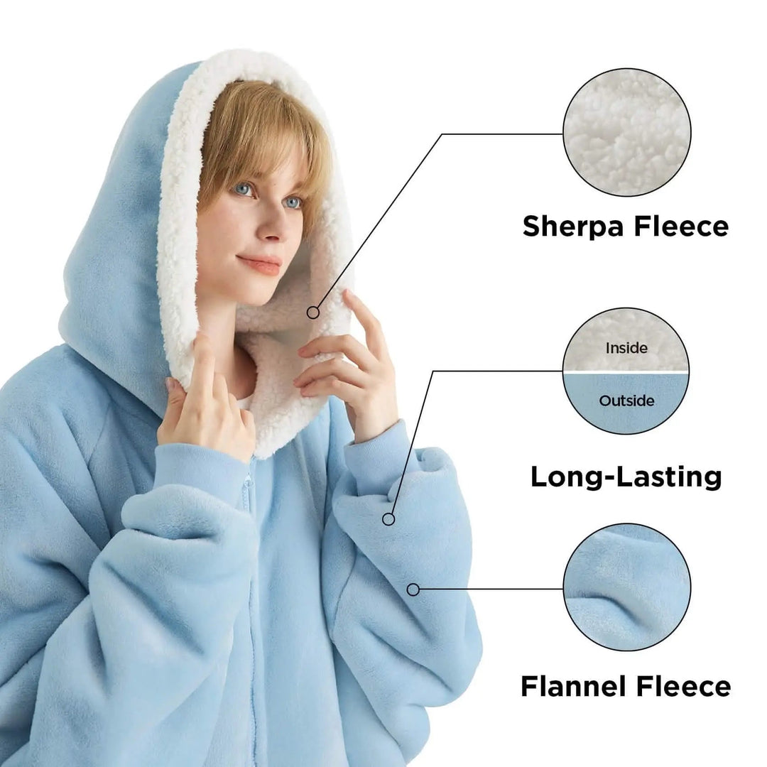 Unisex Wearable Blanket Hoodie Sherpa Fleece Zippered Warm