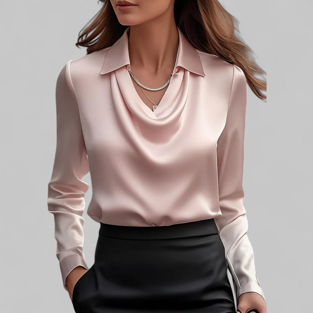 Womens Satin Blouse with Lace Point Collar and Cowl Neck Long Sleeve