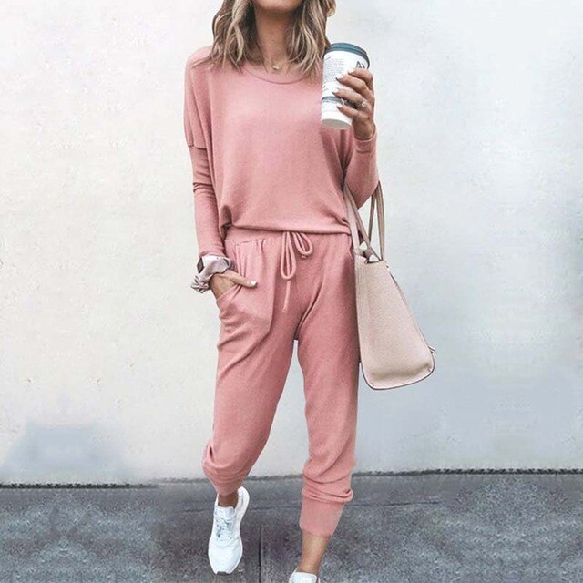 Womens Long Sleeve Top and Drawstring Jogger Trousers Set Cozy Fit - BritishMode