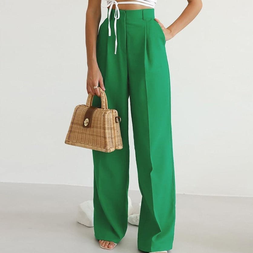 Womens High-Rise Flared Leg Pants with Pleats Classic Fit - BritishMode