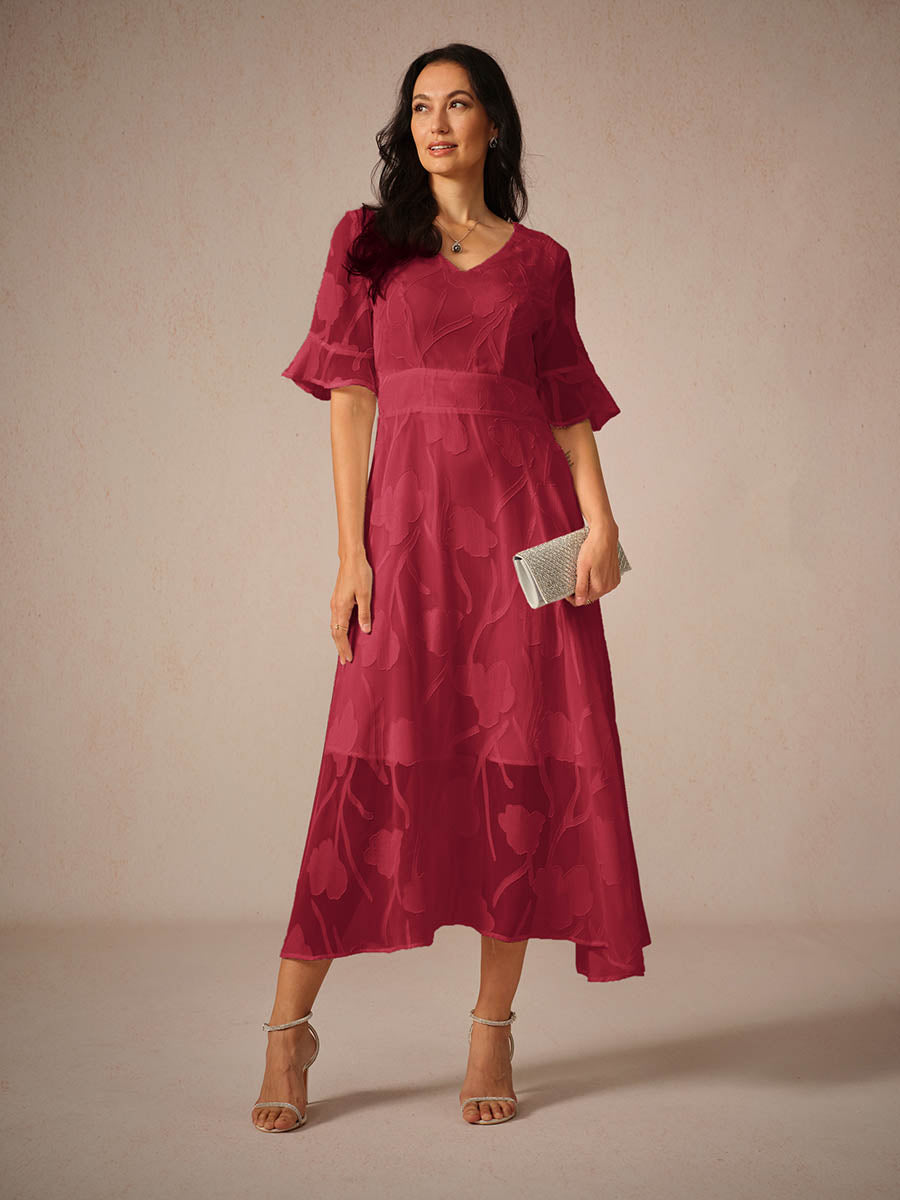Womens Midi Dress Lace Ruffle Sleeve