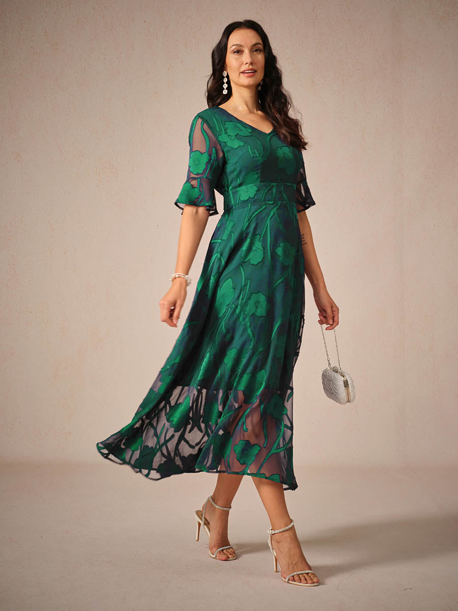 Womens Midi Dress Lace Ruffle Sleeve