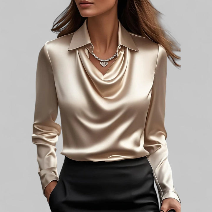 Womens Satin Blouse with Lace Point Collar and Cowl Neck Long Sleeve