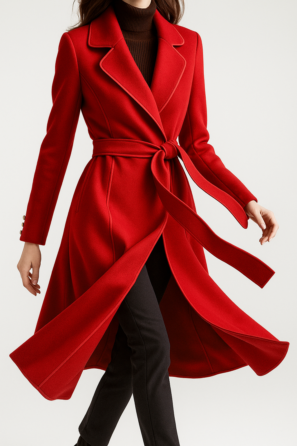 Womens Wool Coat Belted Tailored Wrap Overcoat