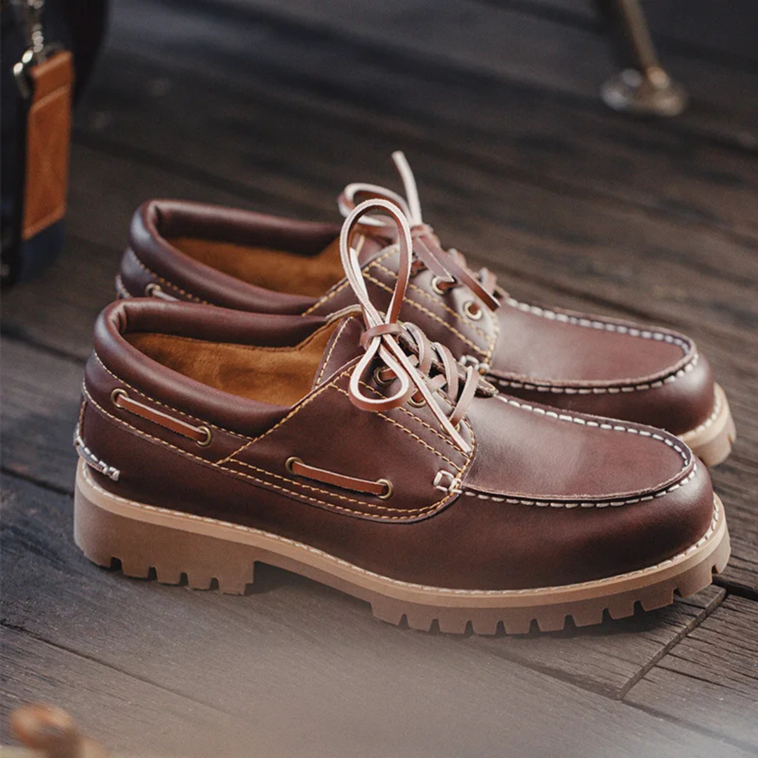 Mens Leather Loafers Lace-Up Retro Grip Sole - BritishMode