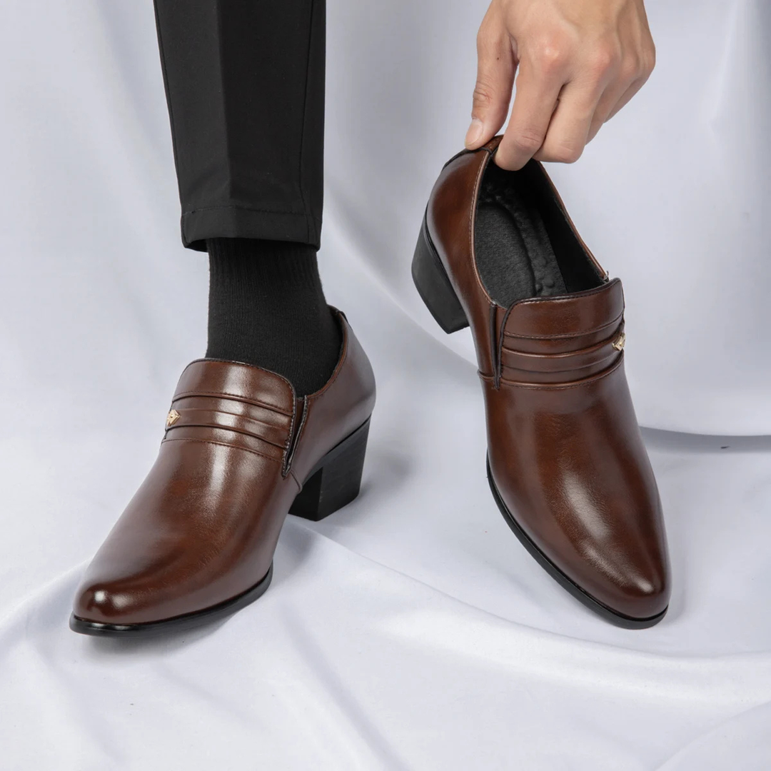 Mens Leather Dress Shoes Slip-On Cuban Heel Loafers