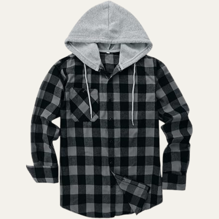 Mens Flannel Jacket Hooded Plaid Button-Down with Pocket
