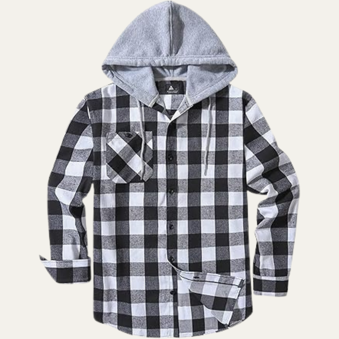 Mens Flannel Jacket Hooded Plaid Button-Down with Pocket