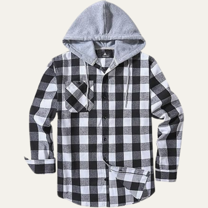 Mens Flannel Jacket Hooded Plaid Button-Down with Pocket
