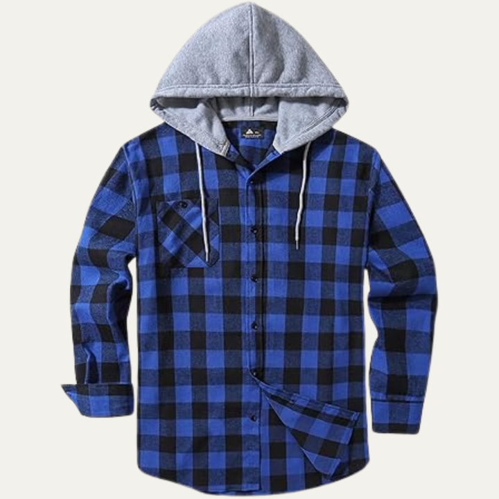 Mens Flannel Jacket Hooded Plaid Button-Down with Pocket
