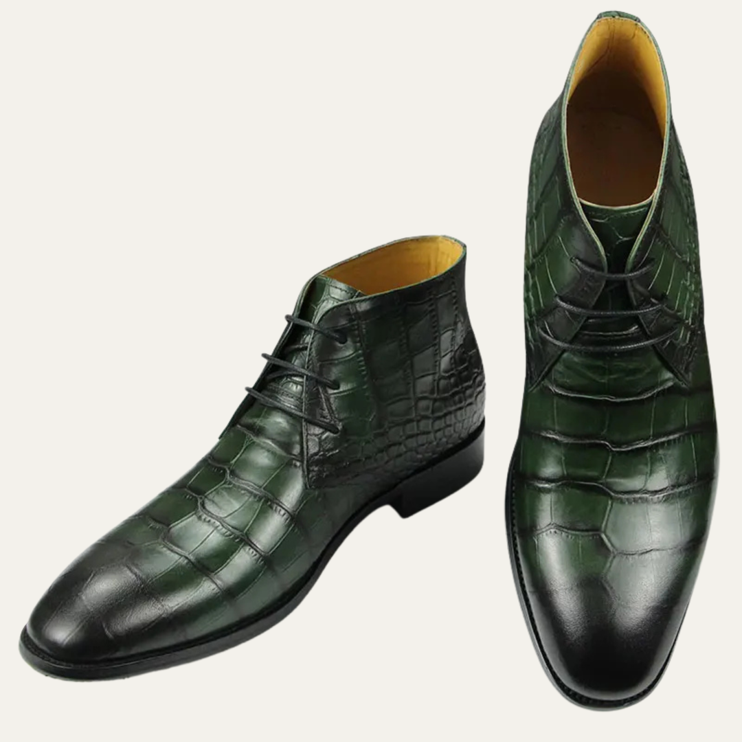 Mens Leather Dress Boots Crocodile Pattern Lace-Up