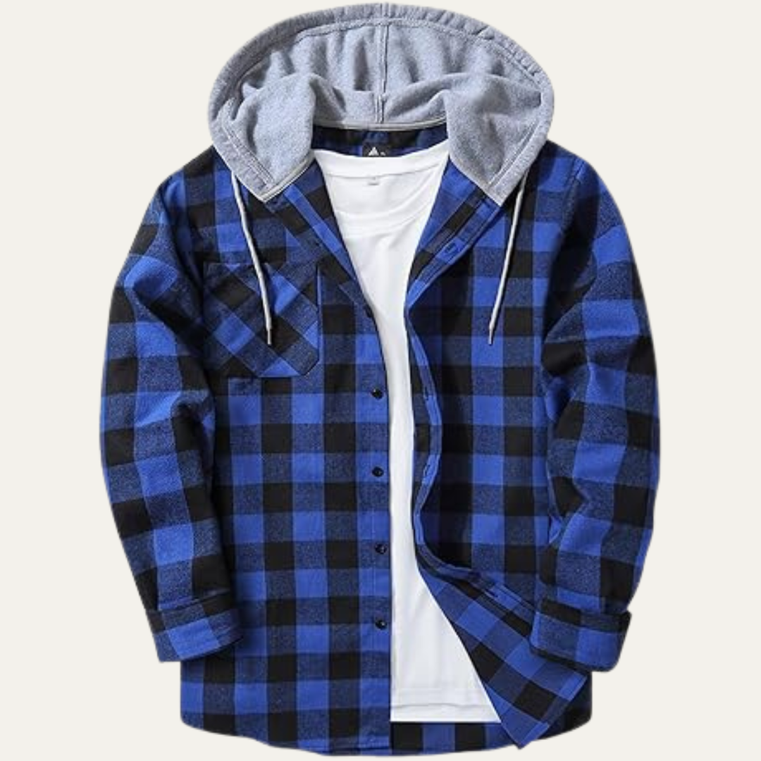 Mens Flannel Jacket Hooded Plaid Button-Down with Pocket - BritishMode