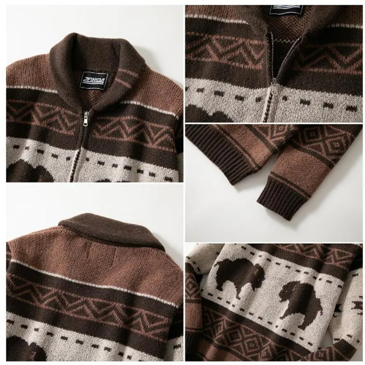 Mens Cardigan Wool Blend Retro Buffalo Print Winter