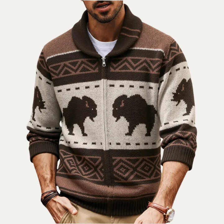 Mens Cardigan Wool Blend Retro Buffalo Print Winter