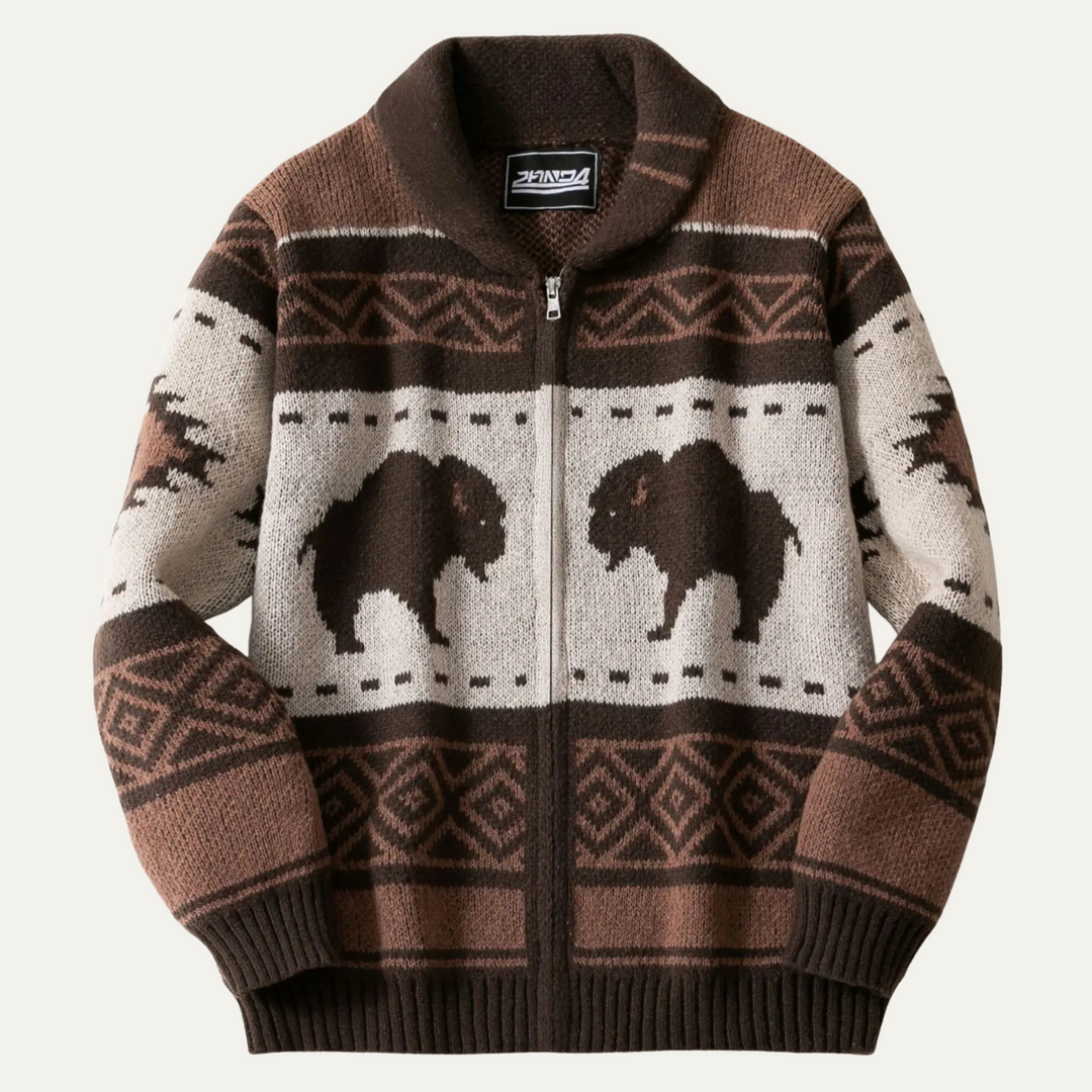 Mens Cardigan Wool Blend Retro Buffalo Print Winter - BritishMode