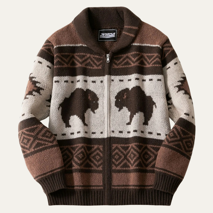 Mens Cardigan Wool Blend Retro Buffalo Print Winter - BritishMode