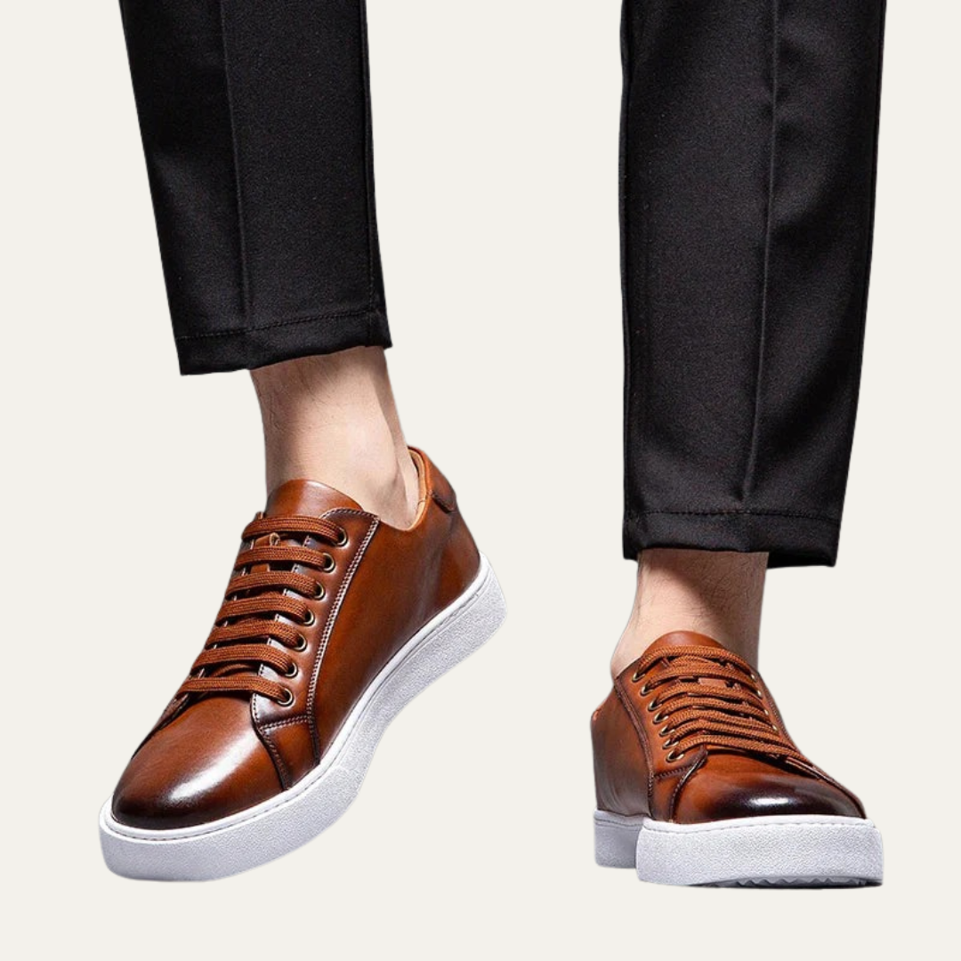 Mens Leather Low-Top Sneakers Thick Cupsole