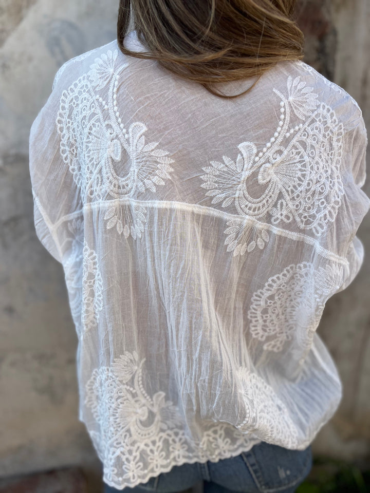 Womens Lace Blouse Embroidered Long Sleeve Button-Down