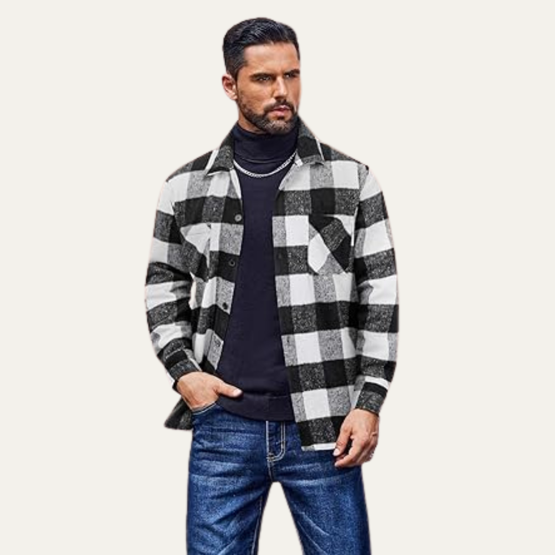 Mens Fleece Jacket Flannel Plaid Relaxed Fit with Pockets
