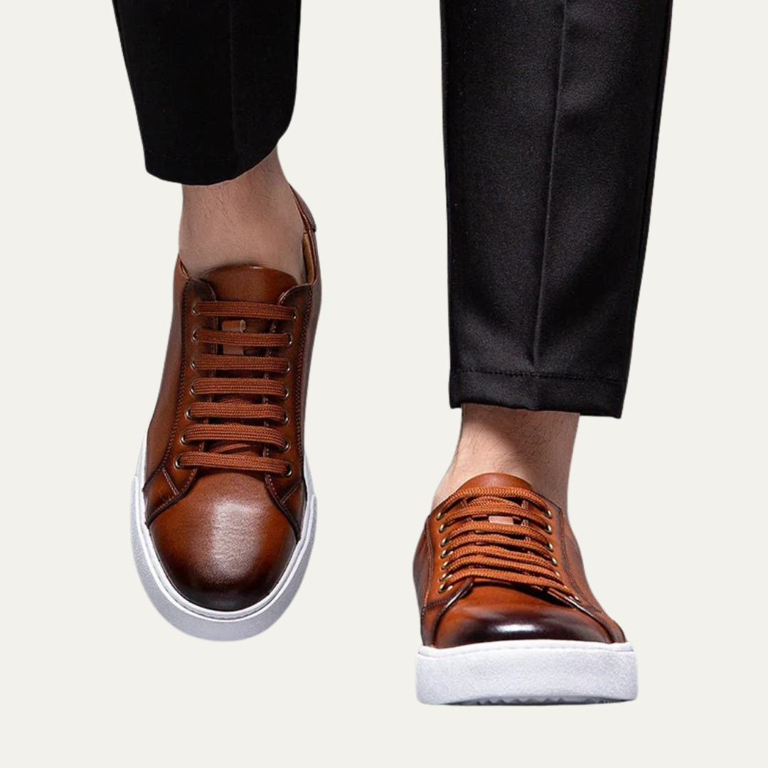 Mens Leather Low-Top Sneakers Thick Cupsole