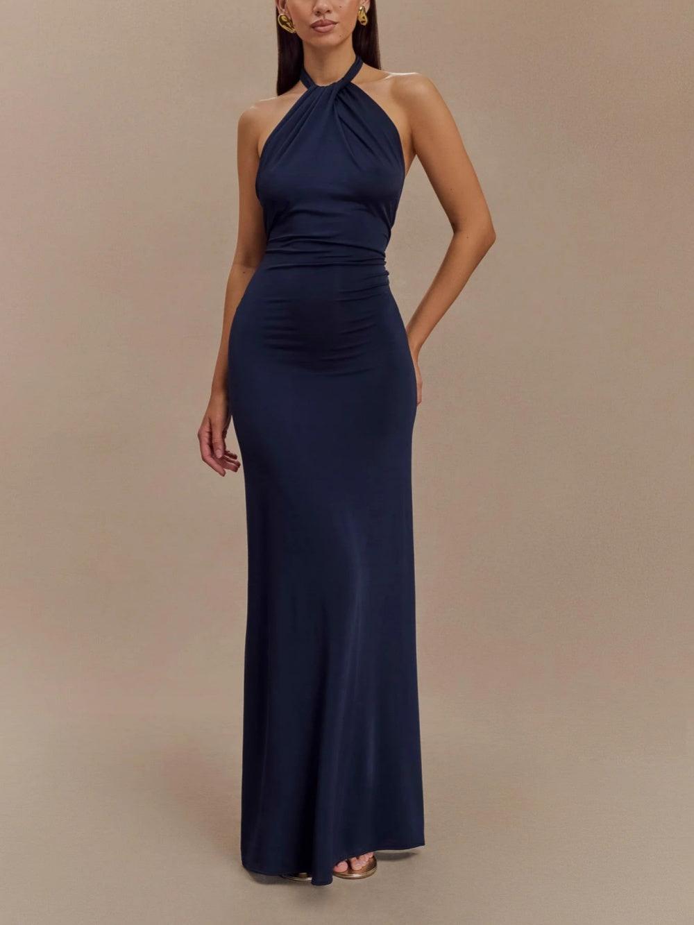 Womens Maxi Dress Polyester Halter Neck Ruched Bodycon