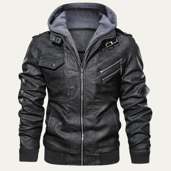 Mens Leather Biker Jacket with Hood Vintage Style