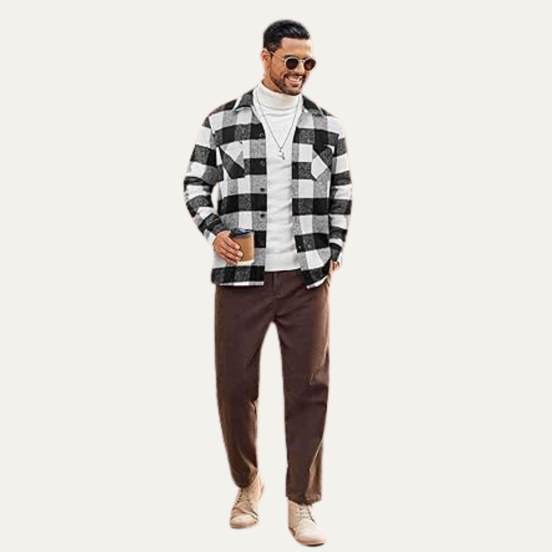 Mens Fleece Jacket Flannel Plaid Relaxed Fit with Pockets