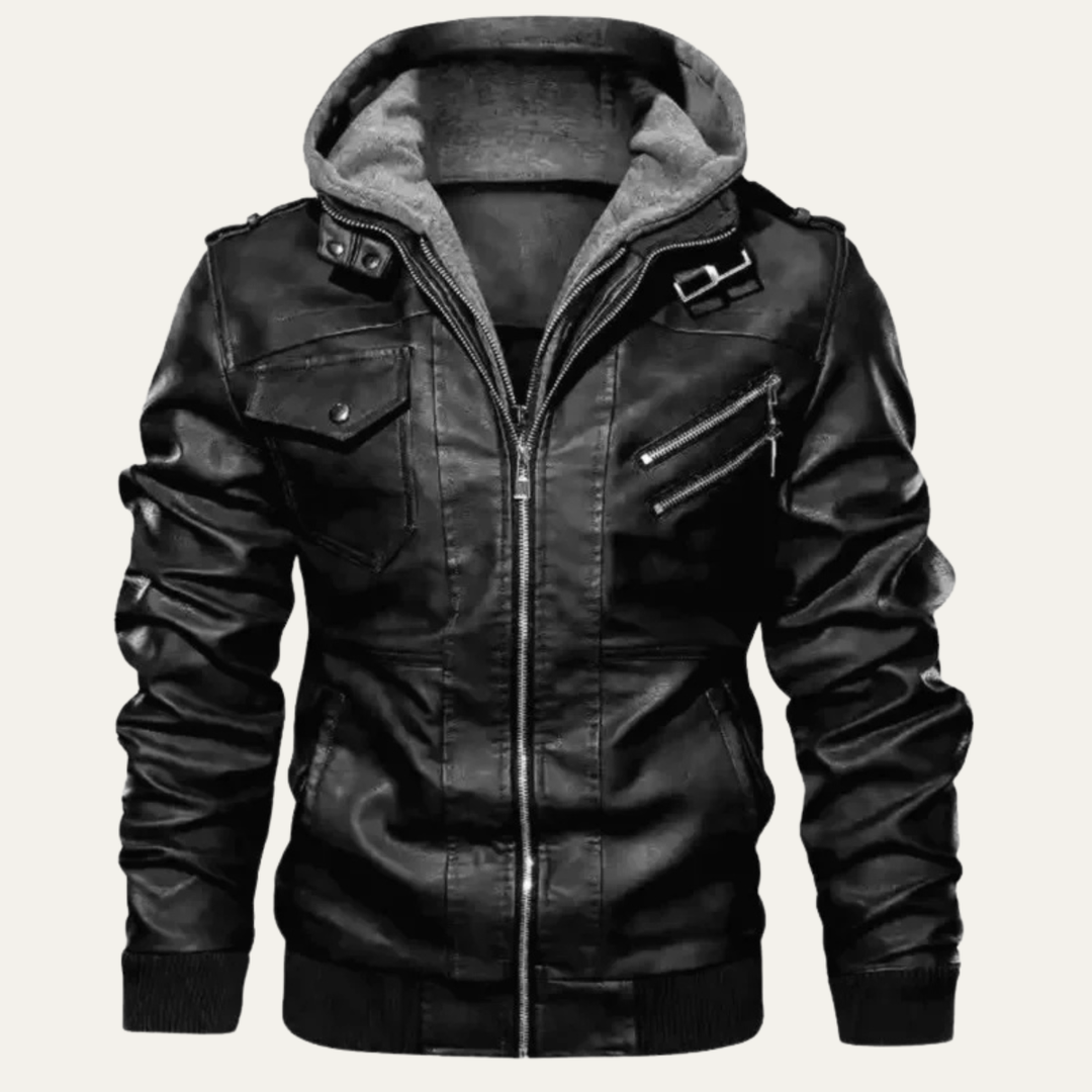 Mens Leather Biker Jacket with Hood Vintage Style