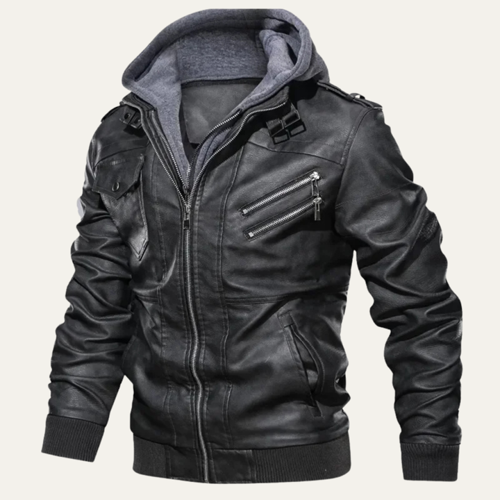 Mens Leather Biker Jacket with Hood Vintage Style
