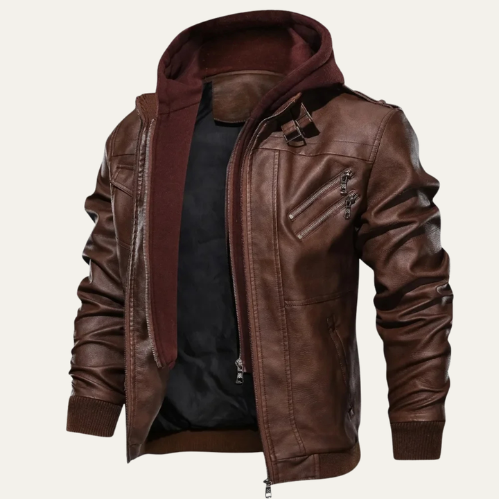 Mens Leather Biker Jacket with Hood Vintage Style