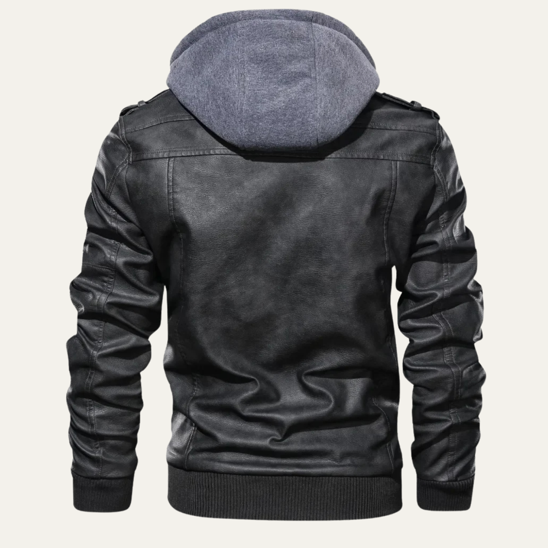Mens Leather Biker Jacket with Hood Vintage Style