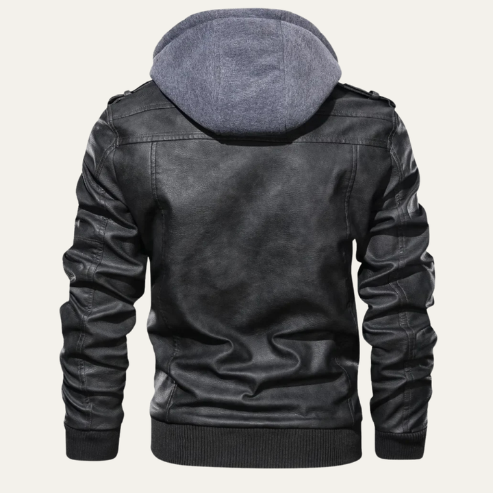 Mens Leather Biker Jacket with Hood Vintage Style