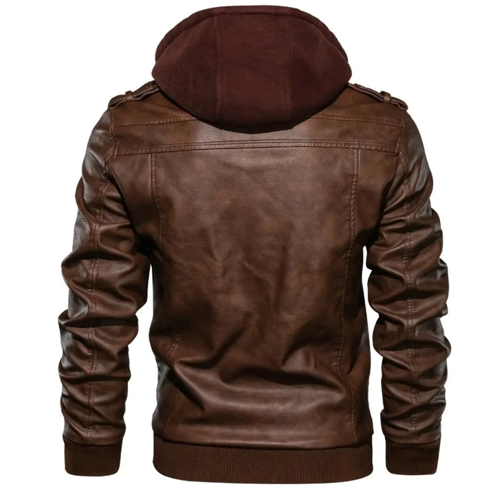 Mens Leather Biker Jacket with Hood Vintage Style