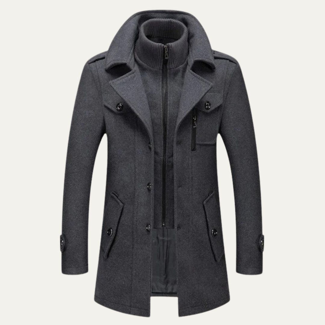 Mens Trench Coat Wool Blend Stand Collar Smart Fit - BritishMode