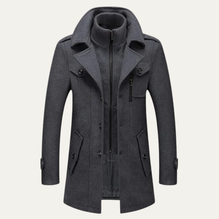 Mens Trench Coat Wool Blend Stand Collar Smart Fit - BritishMode