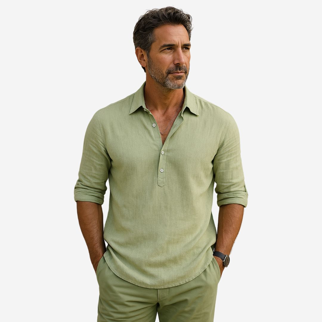 Mens Linen Blend Shirt Relaxed Fit Button Placket