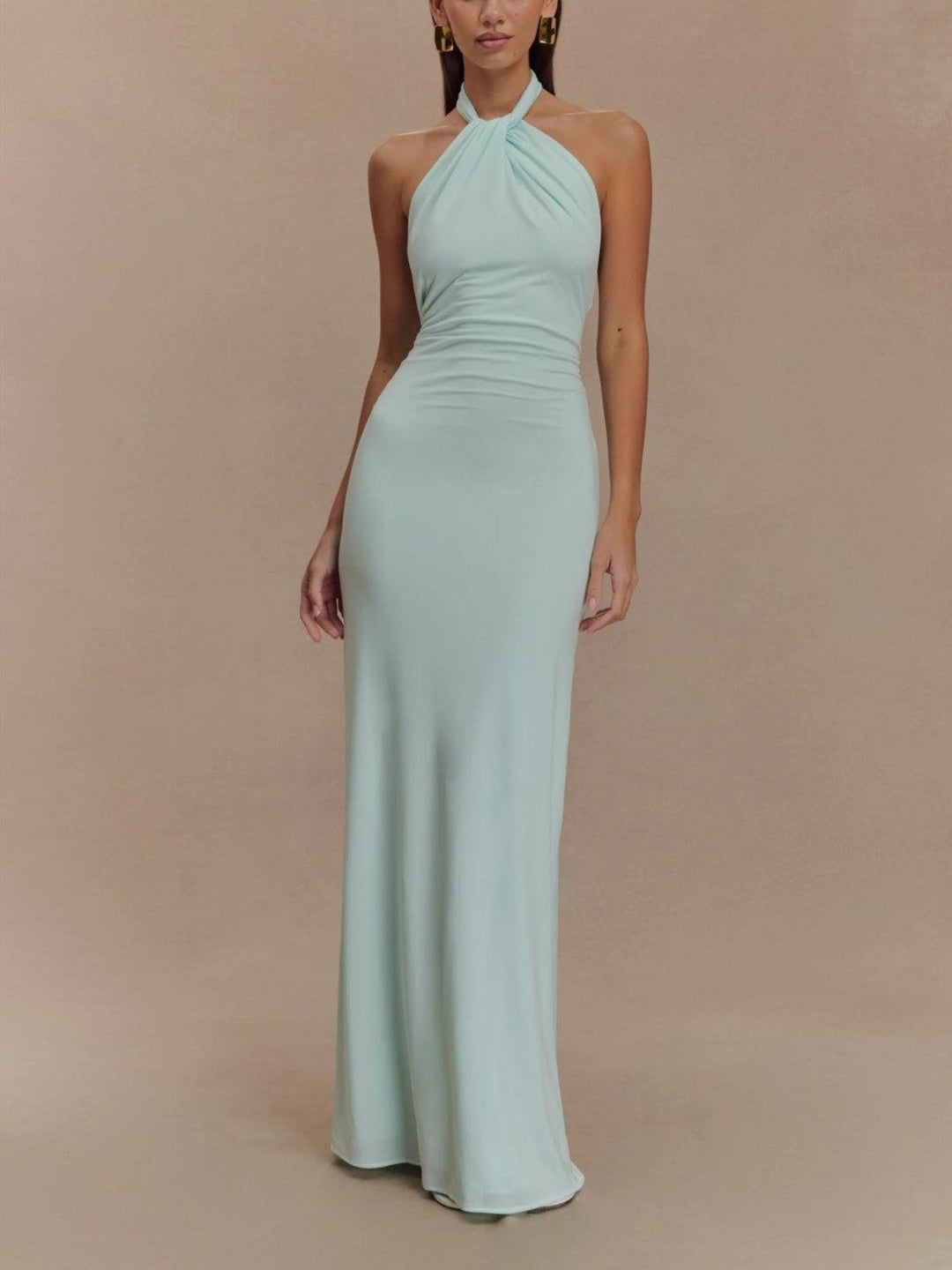 Womens Maxi Dress Polyester Halter Neck Ruched Bodycon - BritishMode