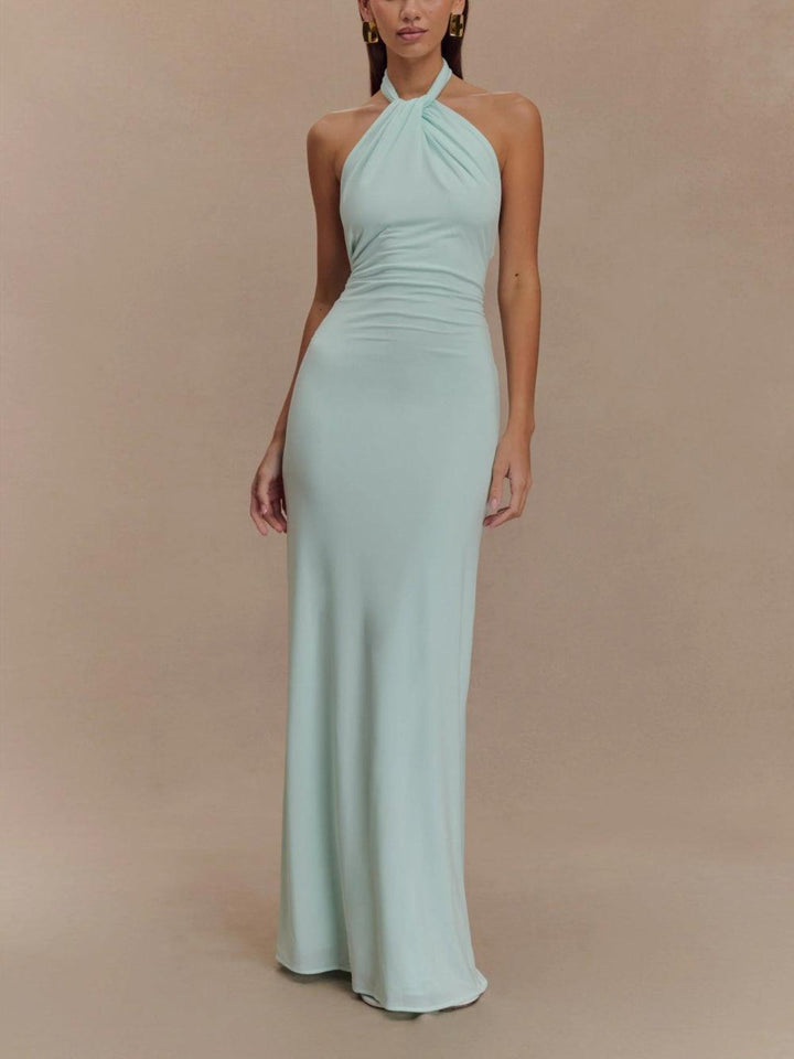 Womens Maxi Dress Polyester Halter Neck Ruched Bodycon - BritishMode
