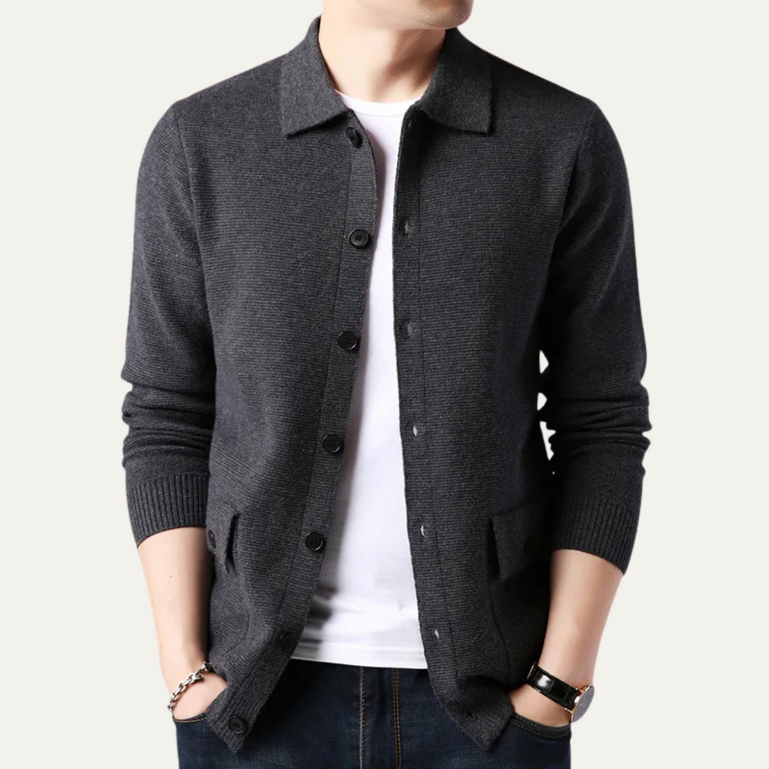 Mens Knit Button Cardigan with Turn-Down Collar