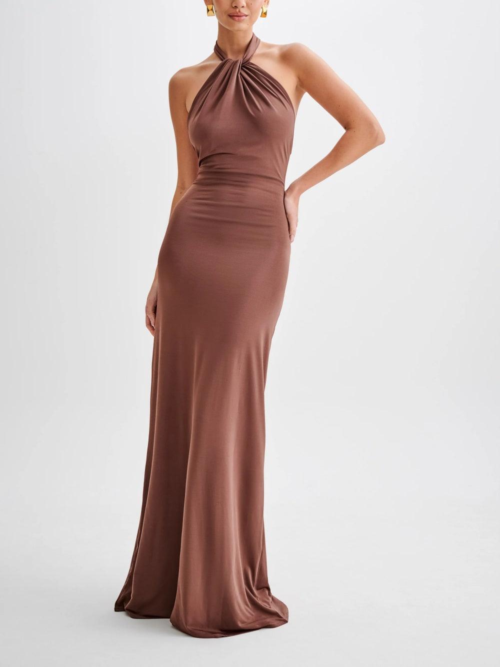 Womens Maxi Dress Polyester Halter Neck Ruched Bodycon