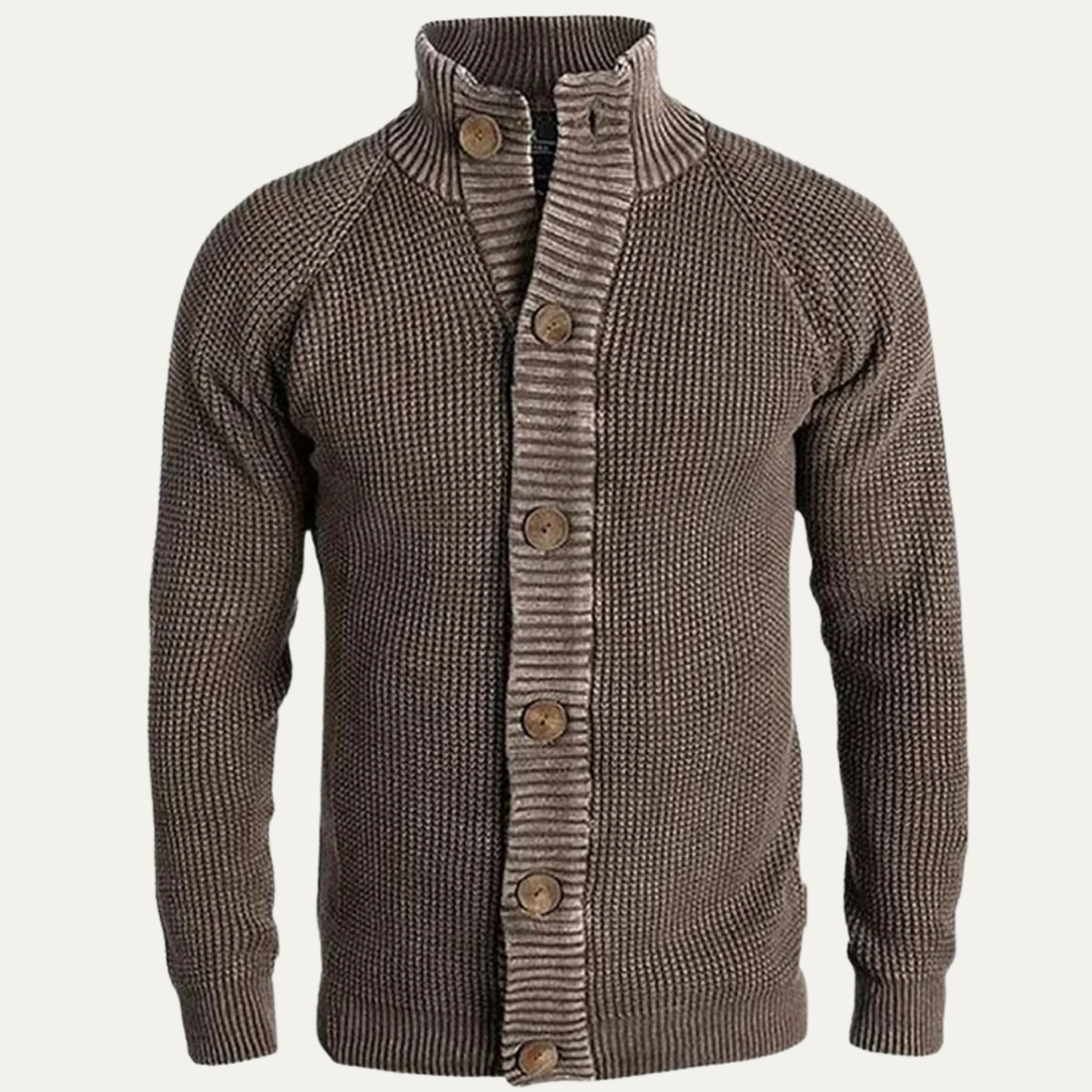 Mens Chunky Knit Cardigan with Button-Up and Stand Collar - BritishMode