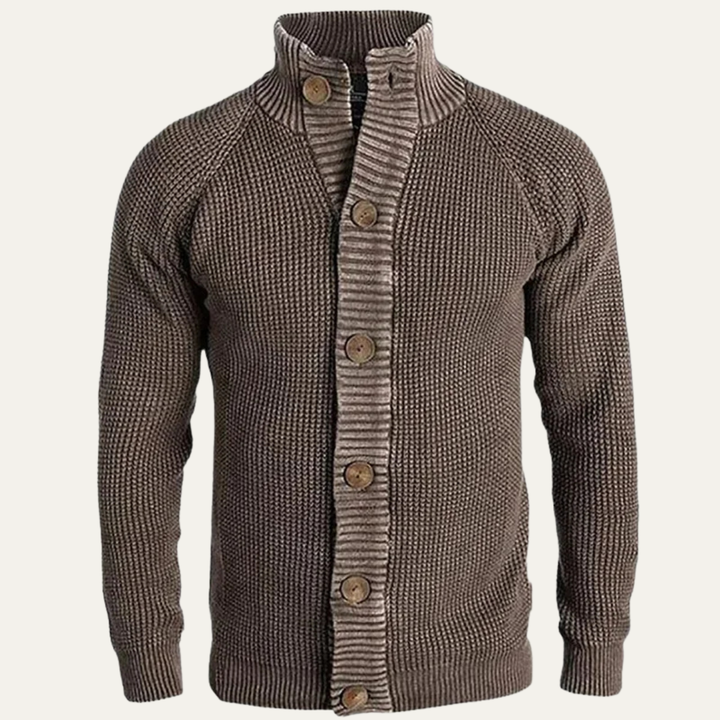Mens Chunky Knit Cardigan with Button-Up and Stand Collar - BritishMode