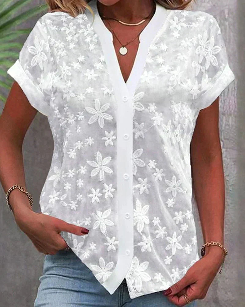 Womens Button-Down Blouse with Lace Short Sleeve - BritishMode