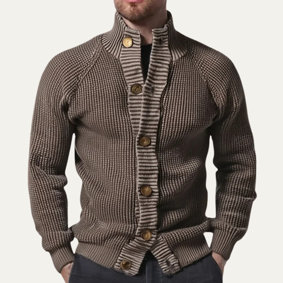 Mens Chunky Knit Cardigan with Button-Up and Stand Collar