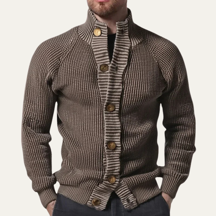 Mens Chunky Knit Cardigan with Button-Up and Stand Collar