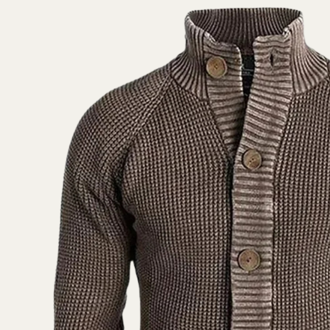 Mens Chunky Knit Cardigan with Button-Up and Stand Collar